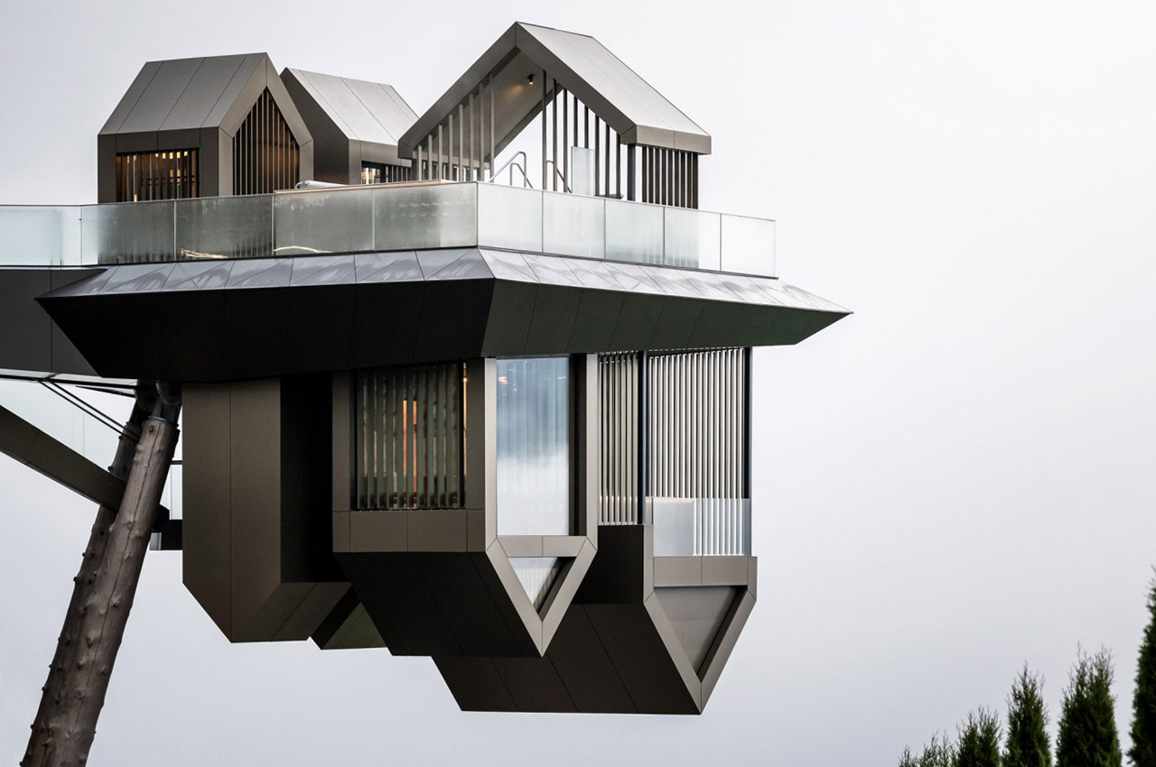 #This gravity-defying wellness center in the Dolomites features a group of inverted micro-huts