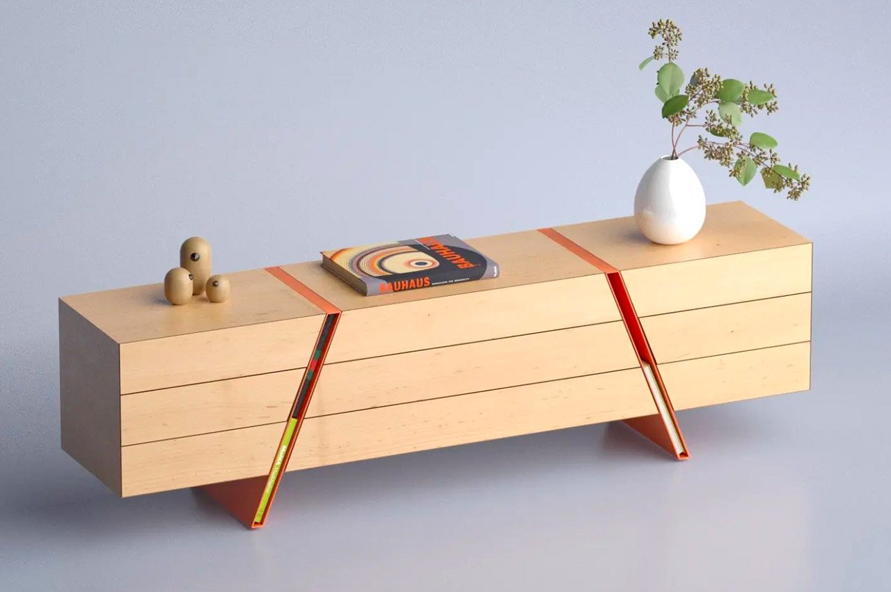 #This minimal wooden sideboard features bright orange legs that can store your favorite books