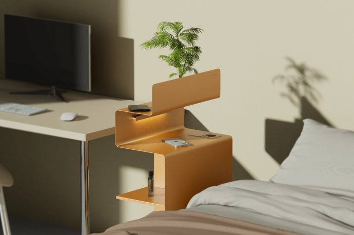 This odd metal shelf tries to preserve your work-life balance