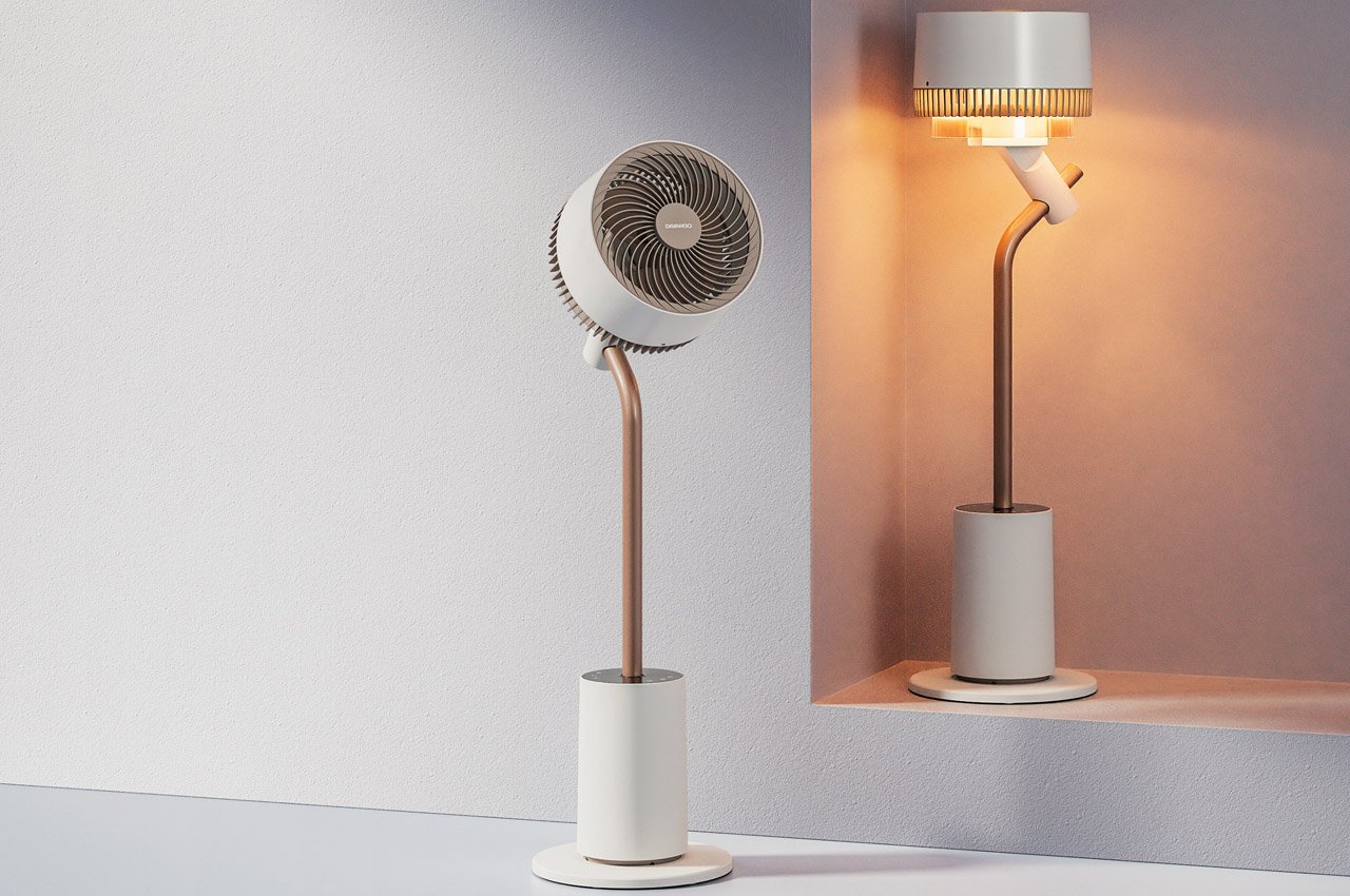 This floor lamp doubles as a circulation fan, comes in peppy color options