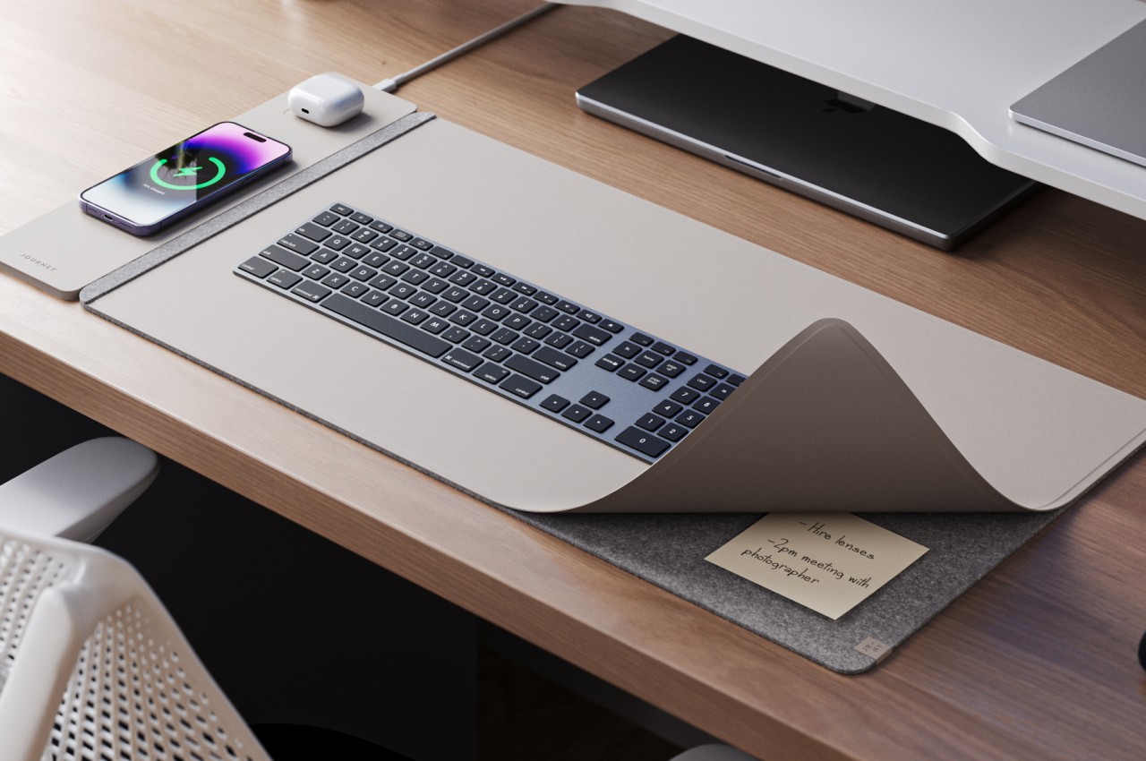A desk mat that charges your phone and hides papers is perfect for a tidy workspace