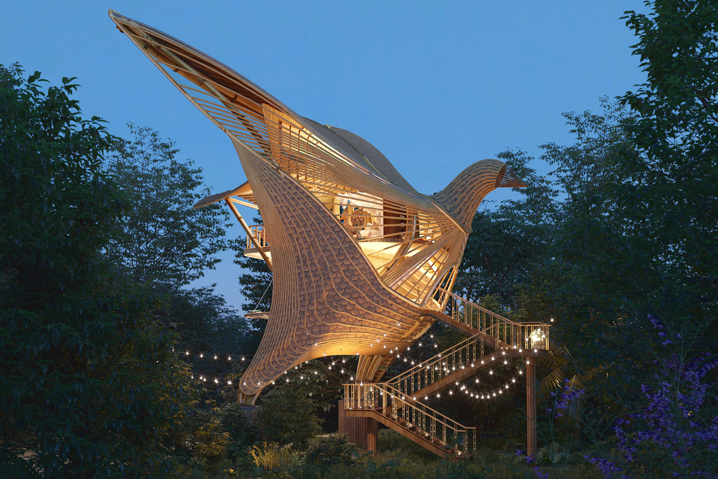 Picturesque bamboo glamping villa looks like a large graceful bird in flight
