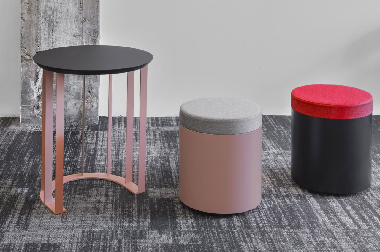 This colorful collection of office furniture adds a casual + cozy element to the modern workplace