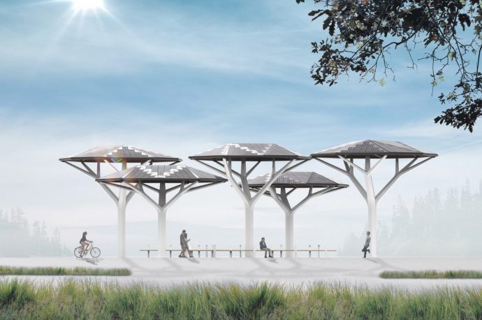 Solar-powered umbrella canopies are inspired by acacia trees