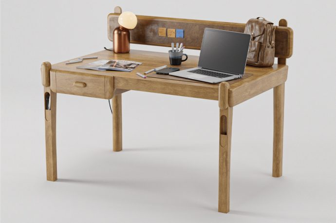 Finished in natural wood, this ultimate home office desk has uncanny pockets in its legs