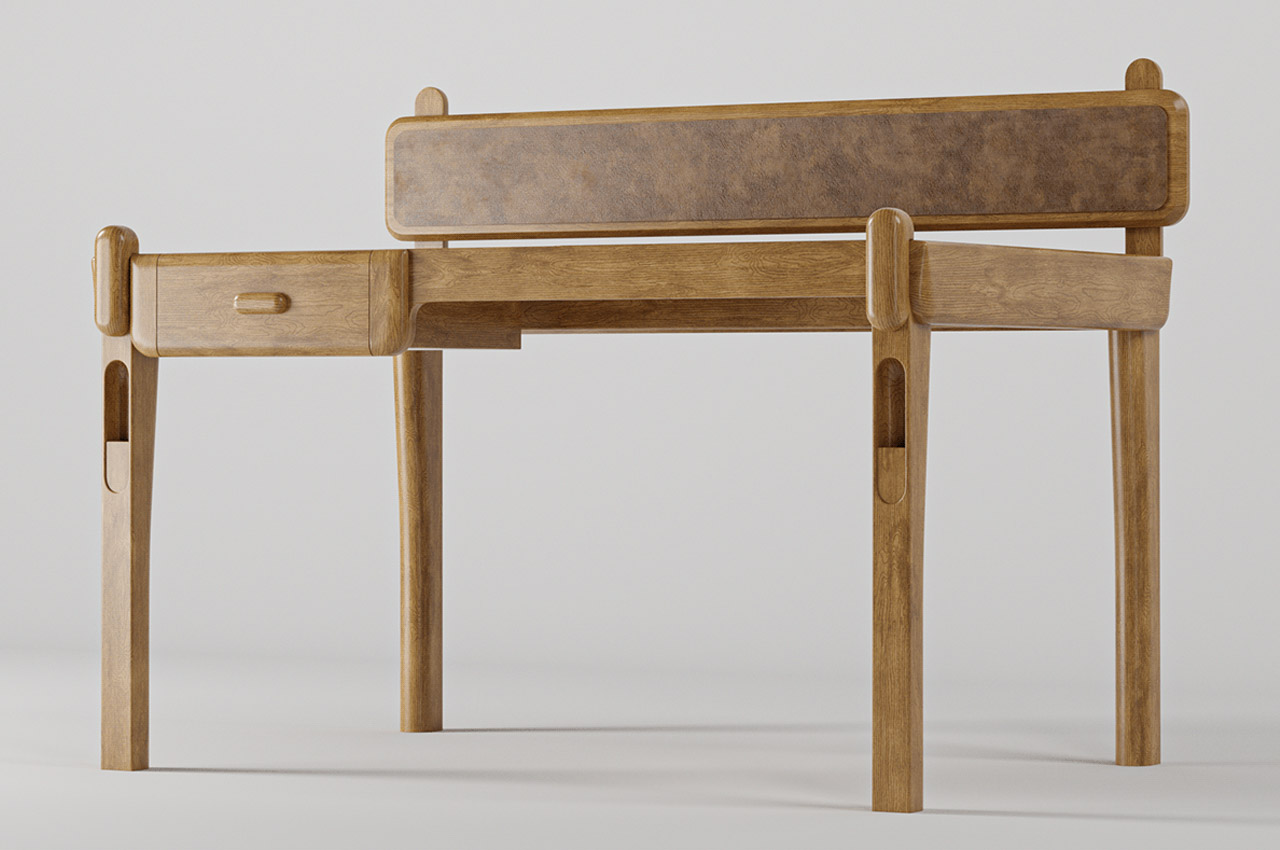 Finished in natural wood, this ultimate home office desk has uncanny pockets in its legs