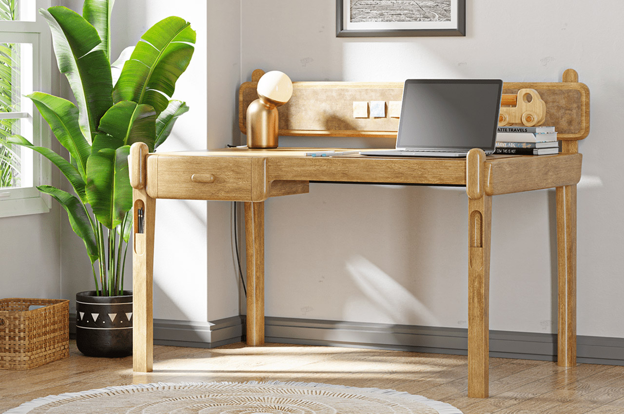 Finished in natural wood, this ultimate home office desk has uncanny pockets in its legs