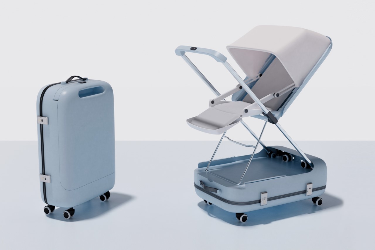 Travel case with built-in baby stroller helps young parents carry their luggage and child together