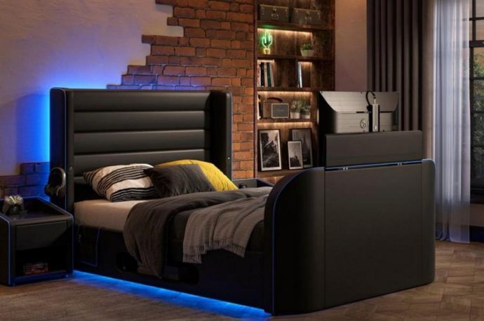 Sleek dream bed has a built-in 43-inch TV for your gaming and viewing pleasure