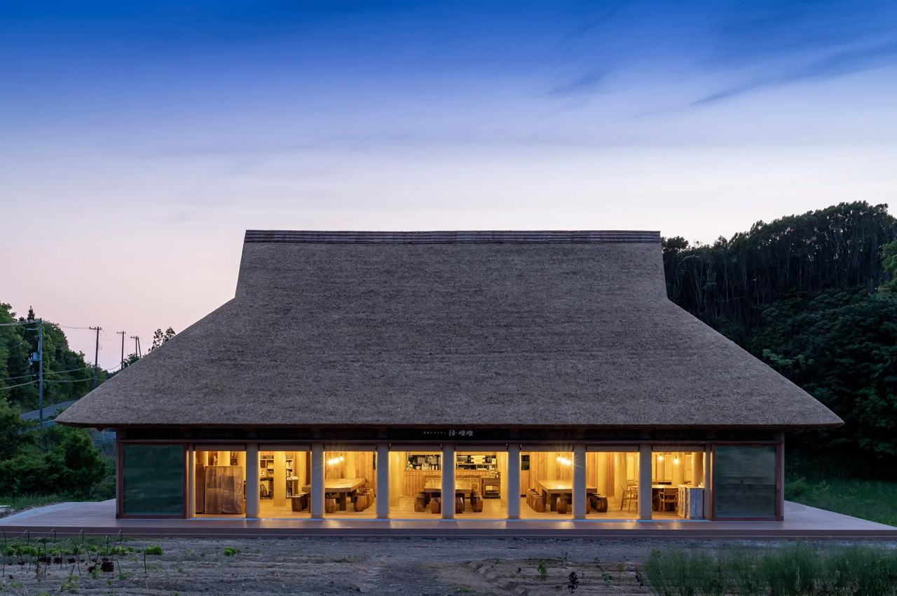 This restaurant on a Japanese island features a thatched roof and large cardboard tubes