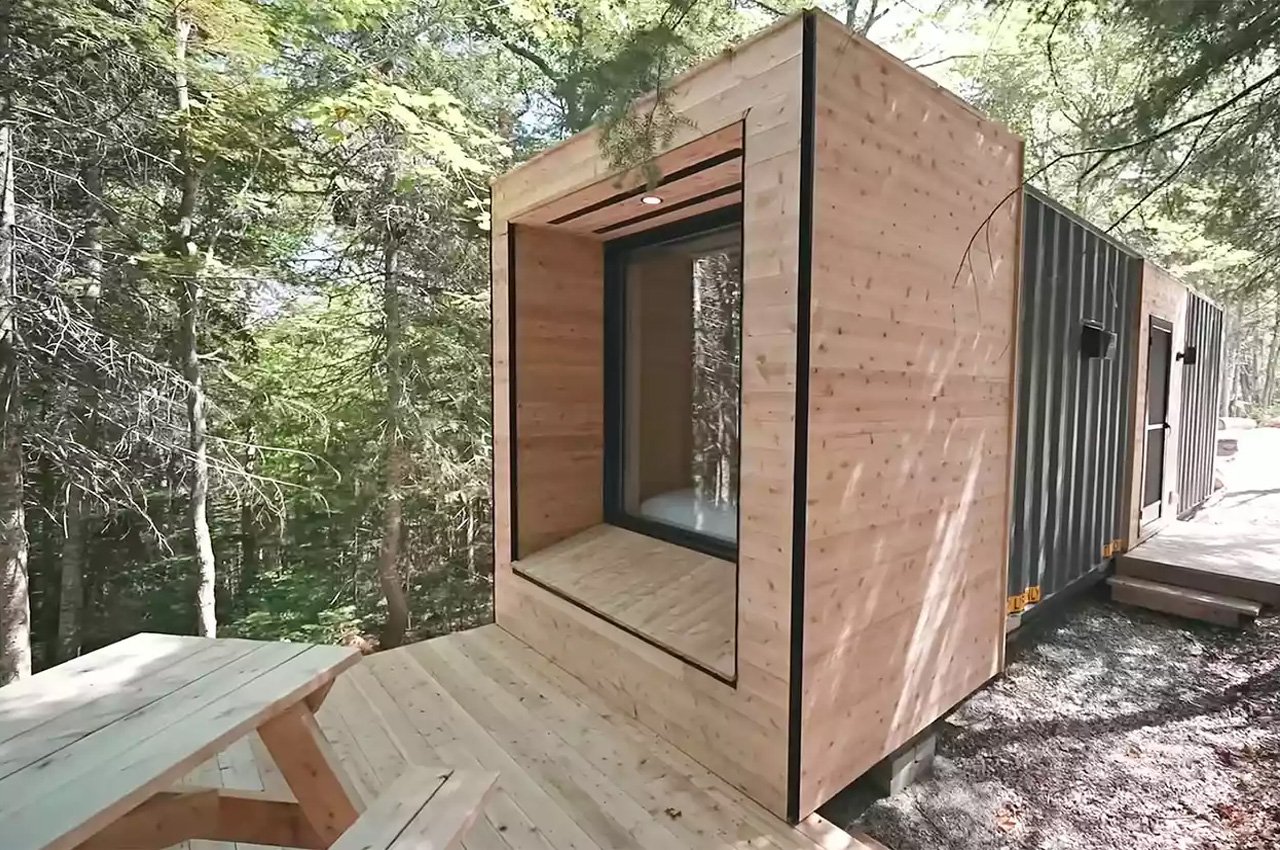 #This small cabin in the woods was built using a repurposed shipping container