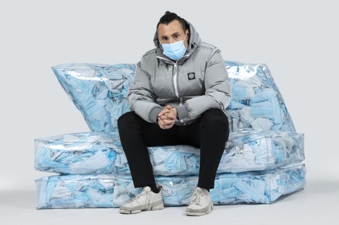 This striking couch makes a powerful statement on face masks