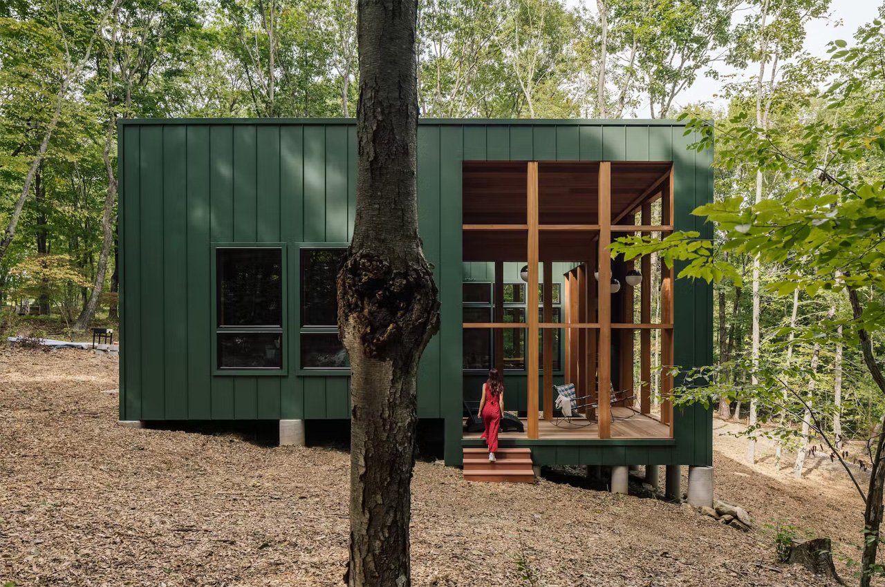#This dark green cabin floats above a sloping terrain in a forest in Connecticut