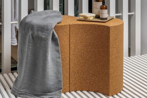 This sustainable + contemporary collection of bathroom seating was made using recycled cork