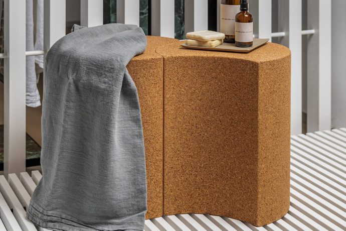 This sustainable + contemporary collection of bathroom seating was made using recycled cork