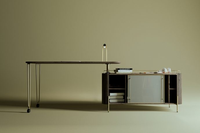 This uniquely flexible table can easily pivot to be your work space and storage area