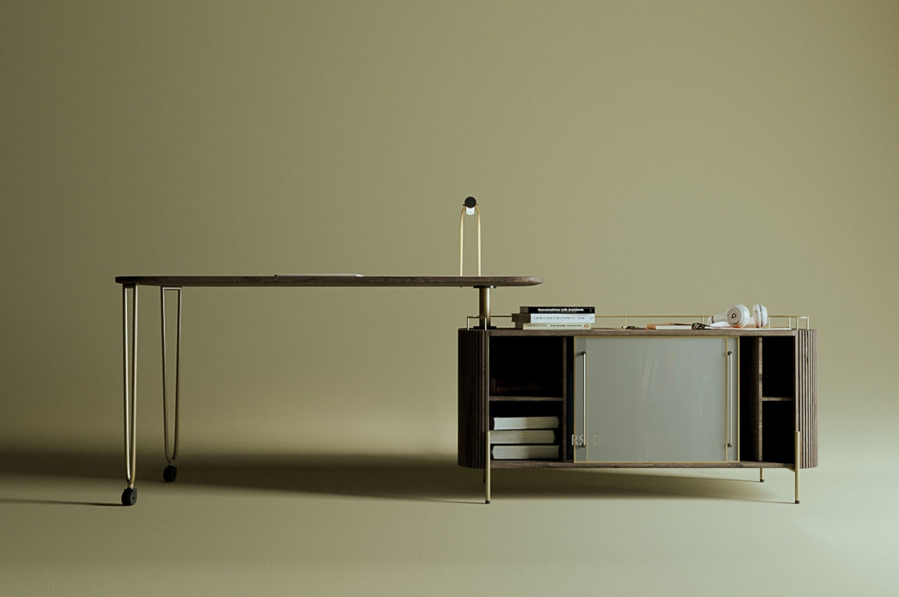 #This uniquely flexible table can easily pivot to be your work space and storage area
