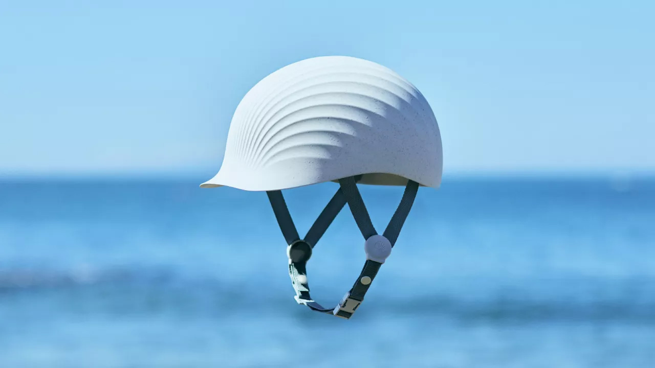 This minimalist and environmentally-friendly helmet is made from waste scallop shells