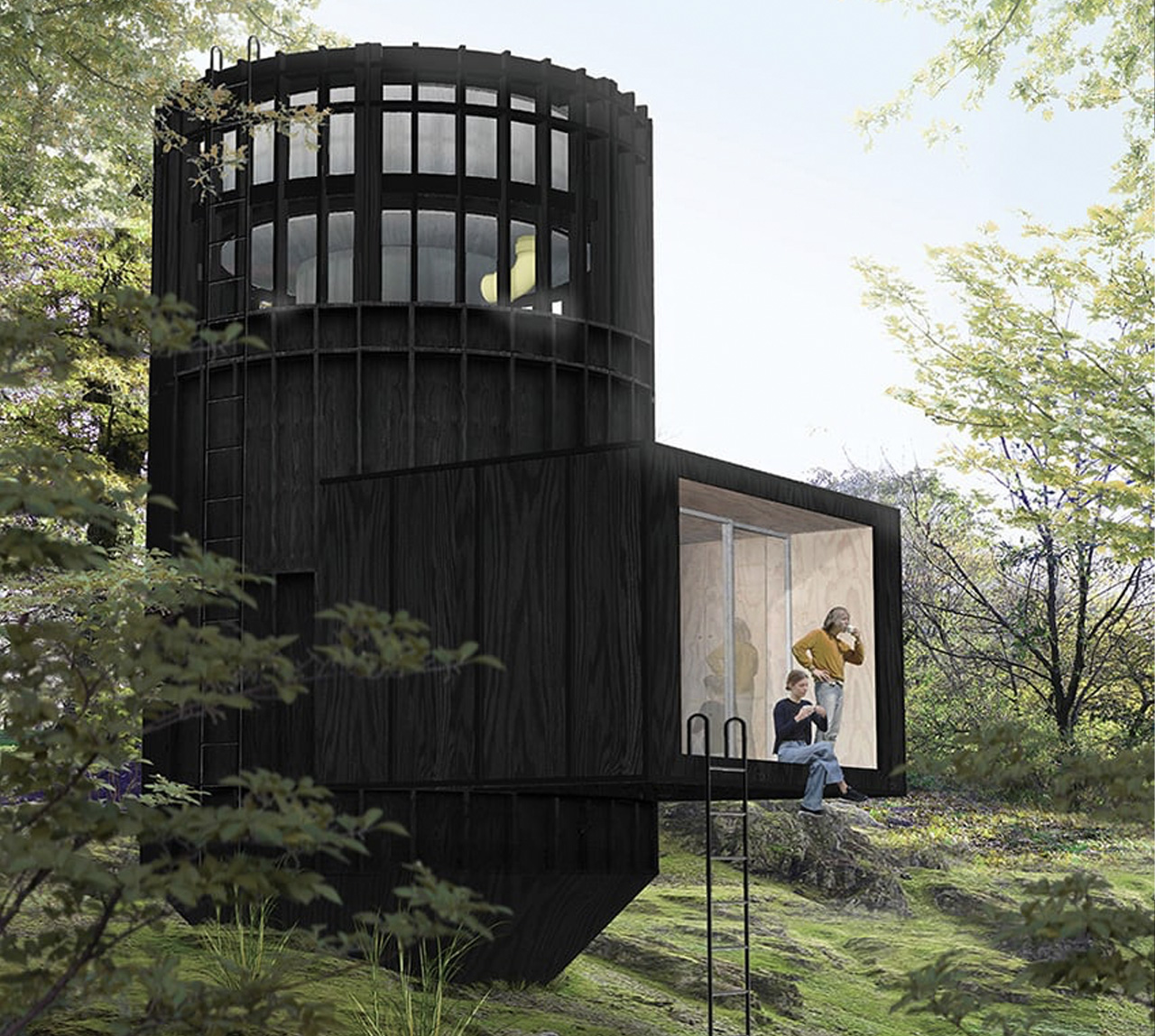 This conceptual micro-cabin revolves on a rotating display unveiling three ‘scenes’ or rooms of a home