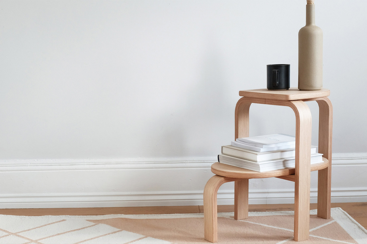 #This minimal wooden step stool is designed to double up as a side table and plant stand