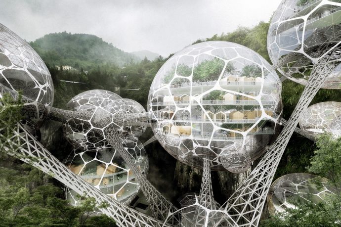 This unique molecular city is comprised of different sphere-shaped neighborhoods with their own climates