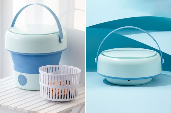 Portable washing machine concept folds down like a collapsible silicone cup