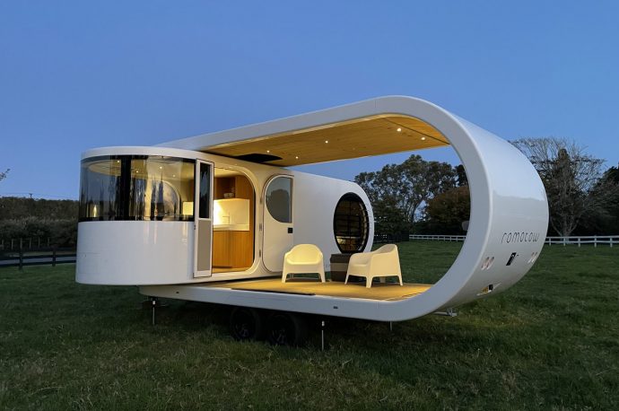 This travel trailer swivels 90-degrees to transform from closed cabin into open living tiny home