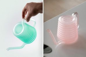 Whimsical 3D-printed watering can creates an illusion of a spiral waterslide