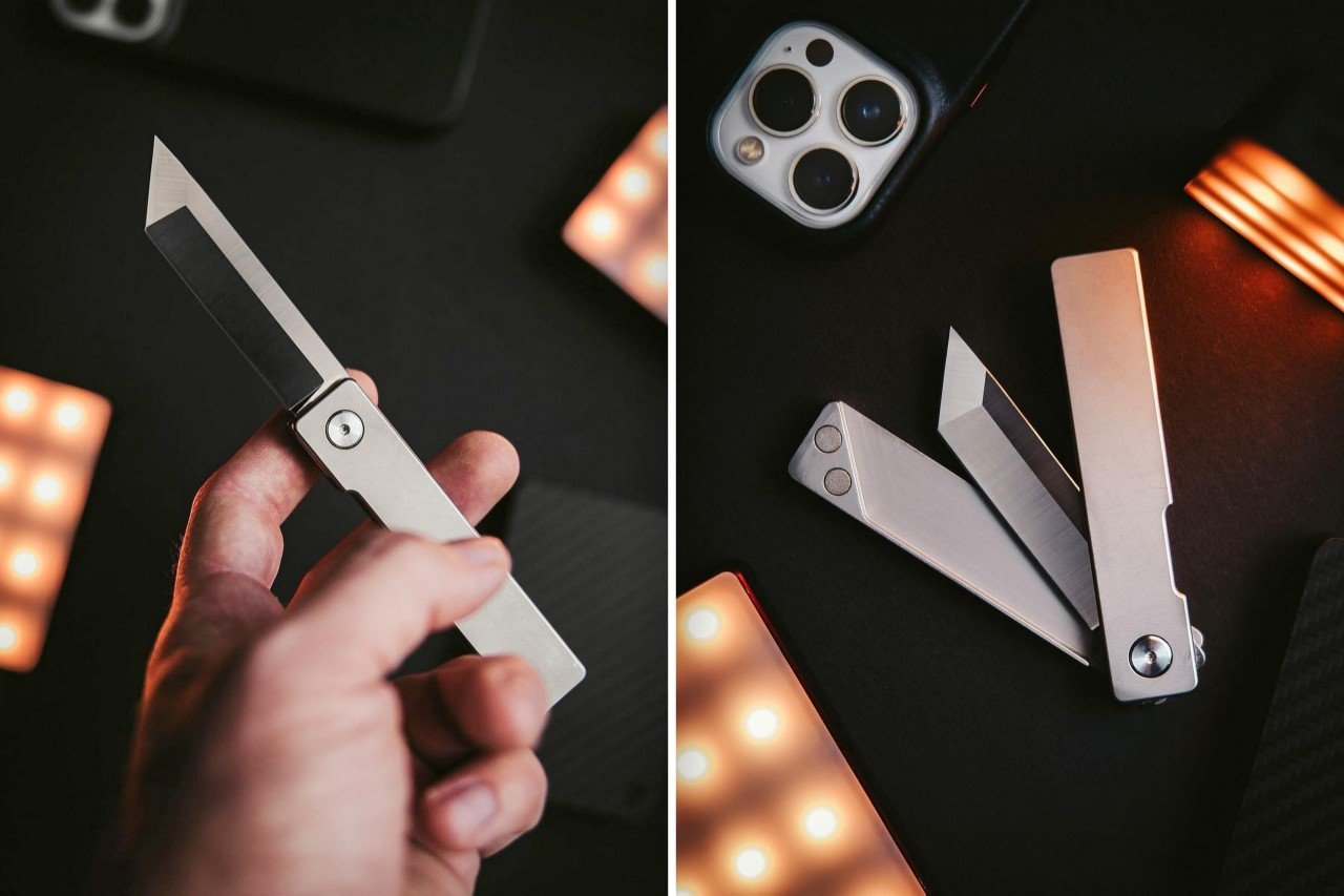 #Classy titanium EDC pocket knife has a magnet-embedded split handle design and a Tanto-style blade