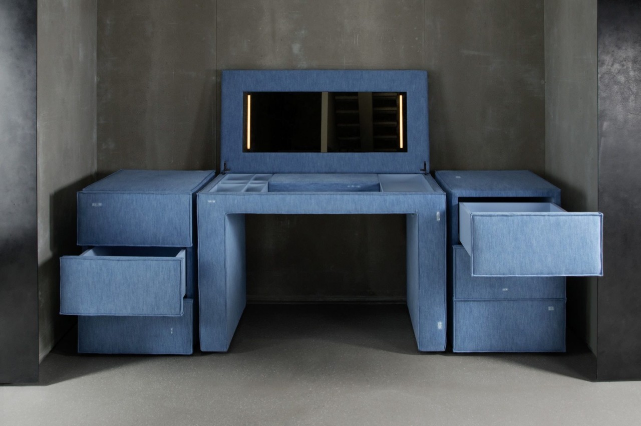 Denim-covered furniture and gym equipment are a striking nod to the iconic material