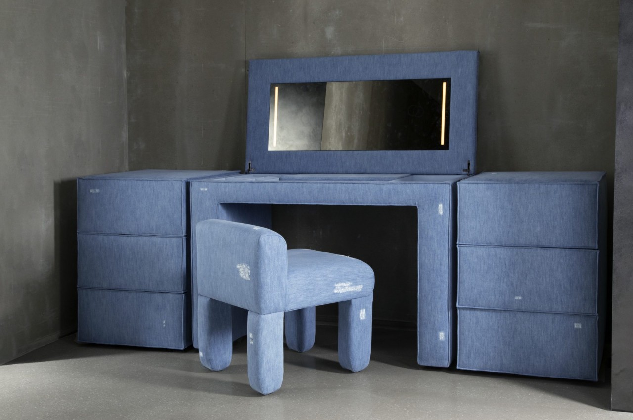 Denim-covered furniture and gym equipment are a striking nod to the iconic material