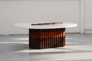 This exquisite coffee table was built using lava stone + paper rope dyed with madder roots