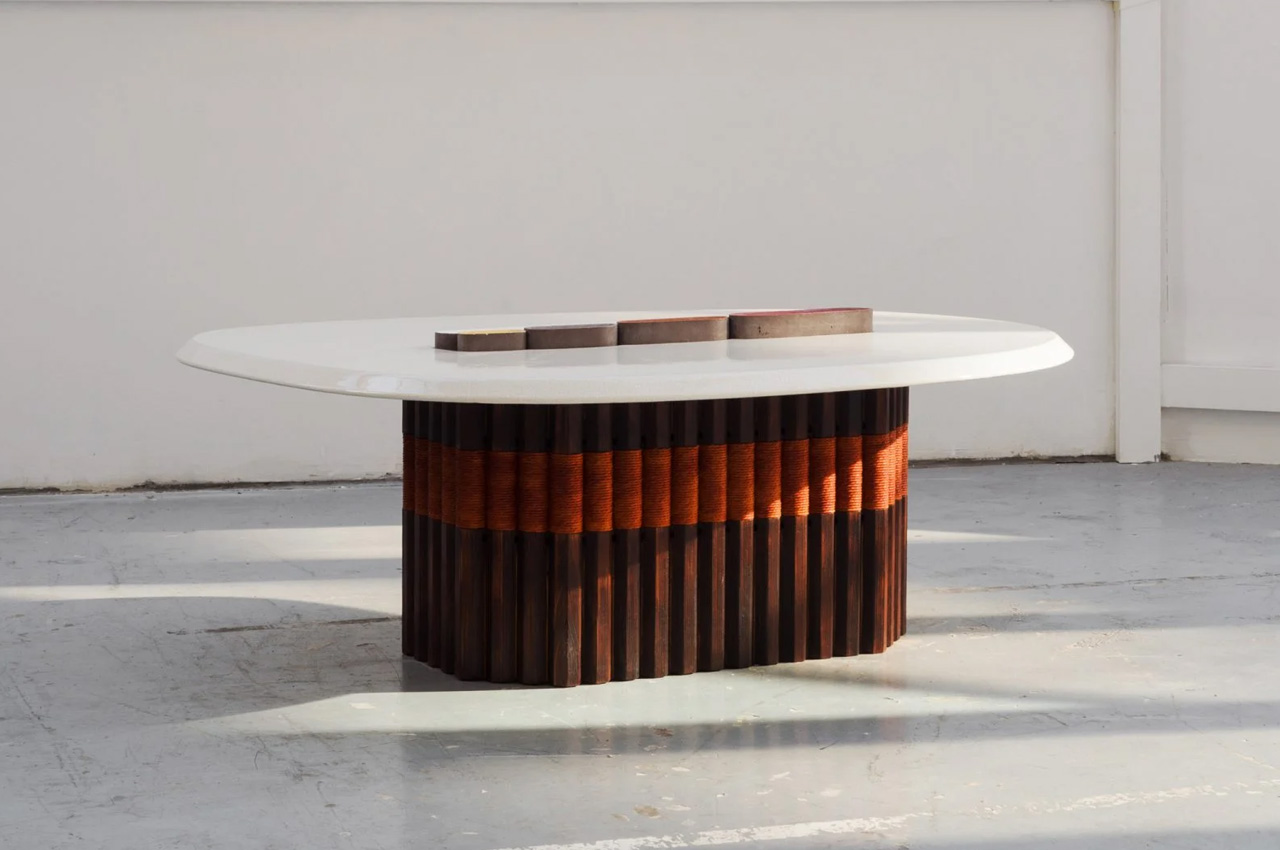 #This exquisite coffee table was built using lava stone + paper rope dyed with madder roots