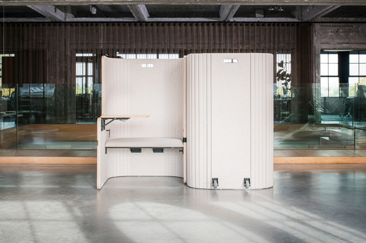#This minimal white office pod can be folded down in three steps and stored away when not in use