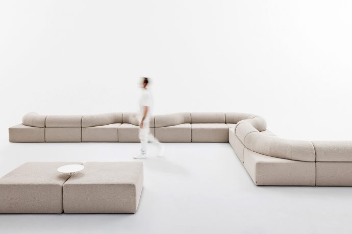 This modular seating system inspired by space-age aesthetics can be configured in multiple ways