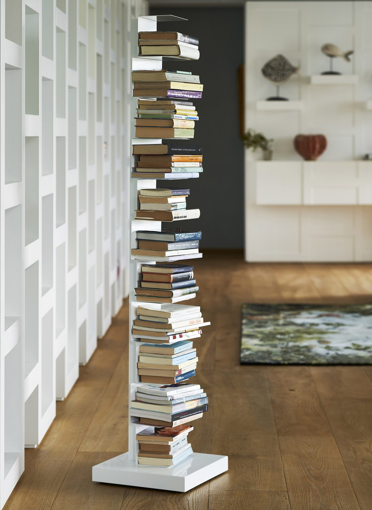 This unique bookshelf disappears from sight once you fill its thin shelves with books