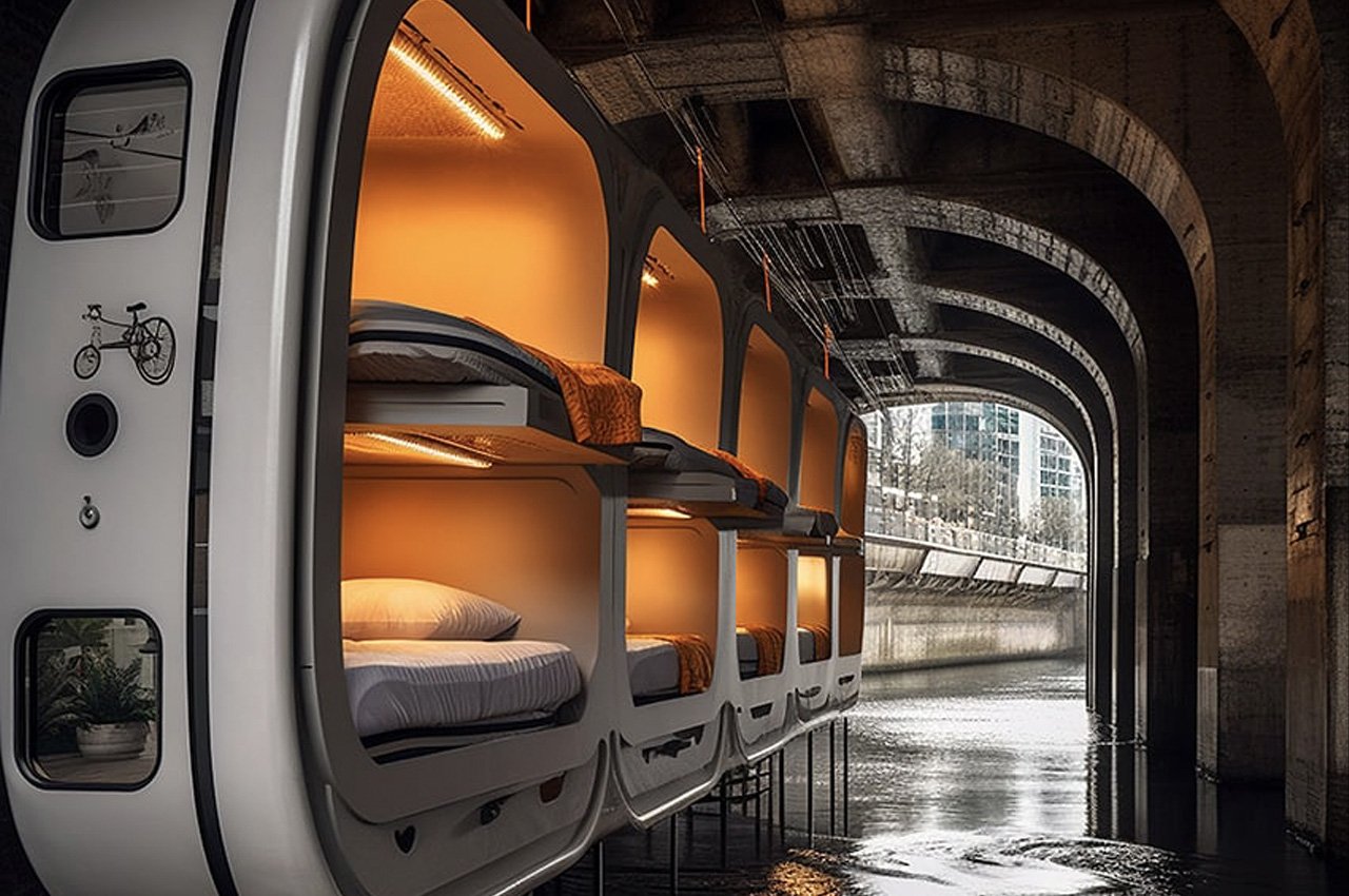 These AI-generated self-contained living pods under city bridges bring an affordable solution to society problems