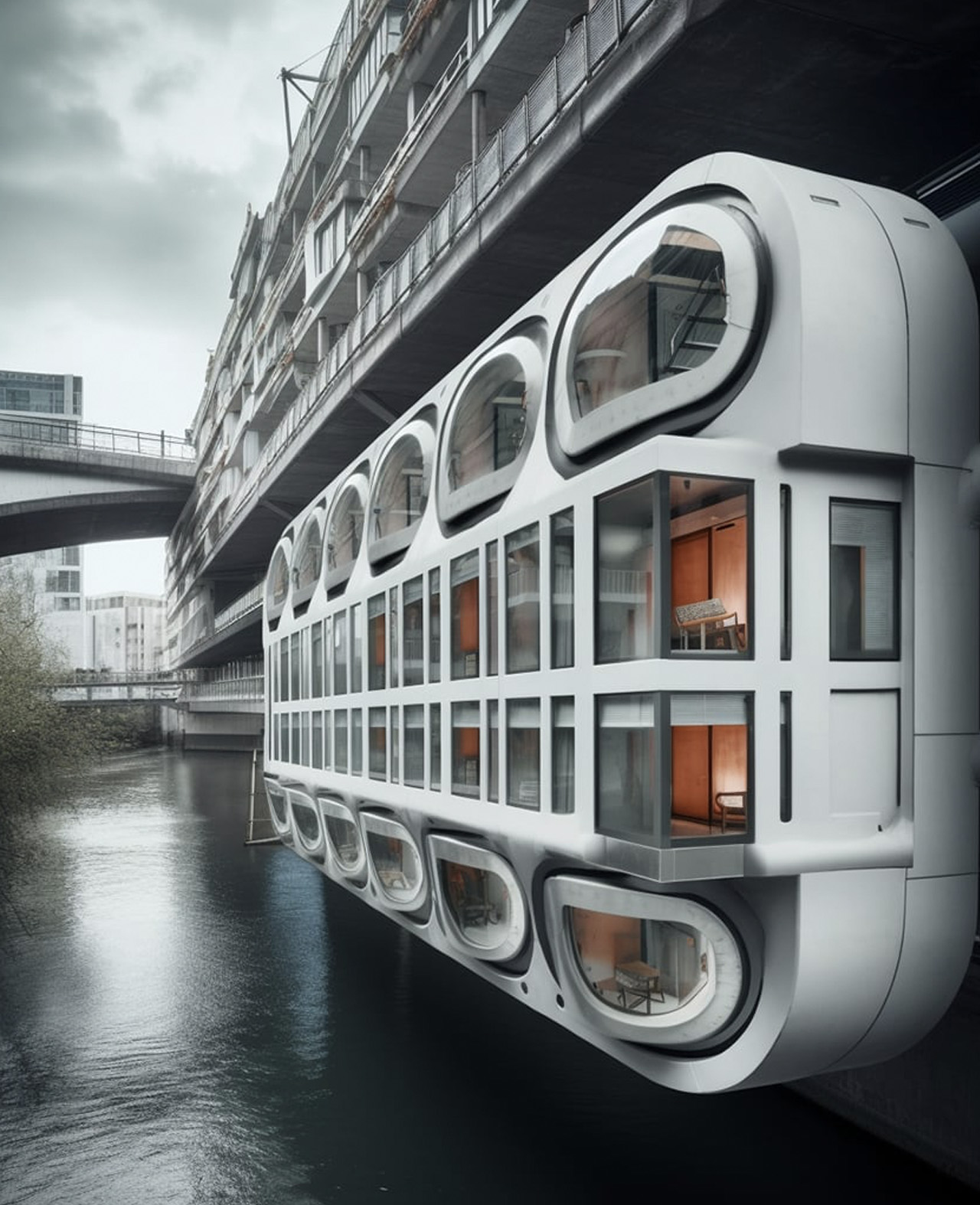 These AI-generated self-contained living pods under city bridges bring an affordable solution to society problems