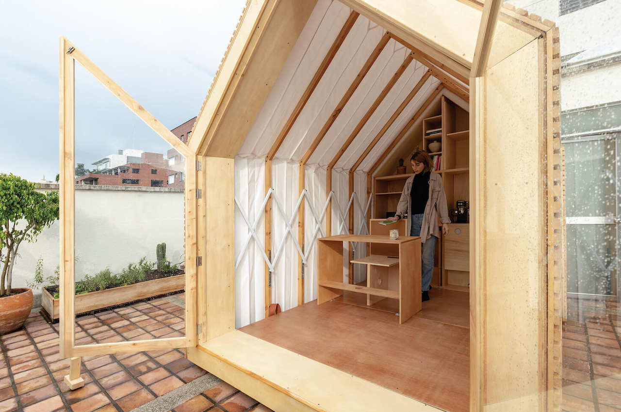 This collapsable cabin-like shed can be pulled open and compressed like an accordion