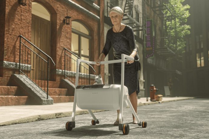 Walking aid for the elderly comes with a box for carrying their furry friends