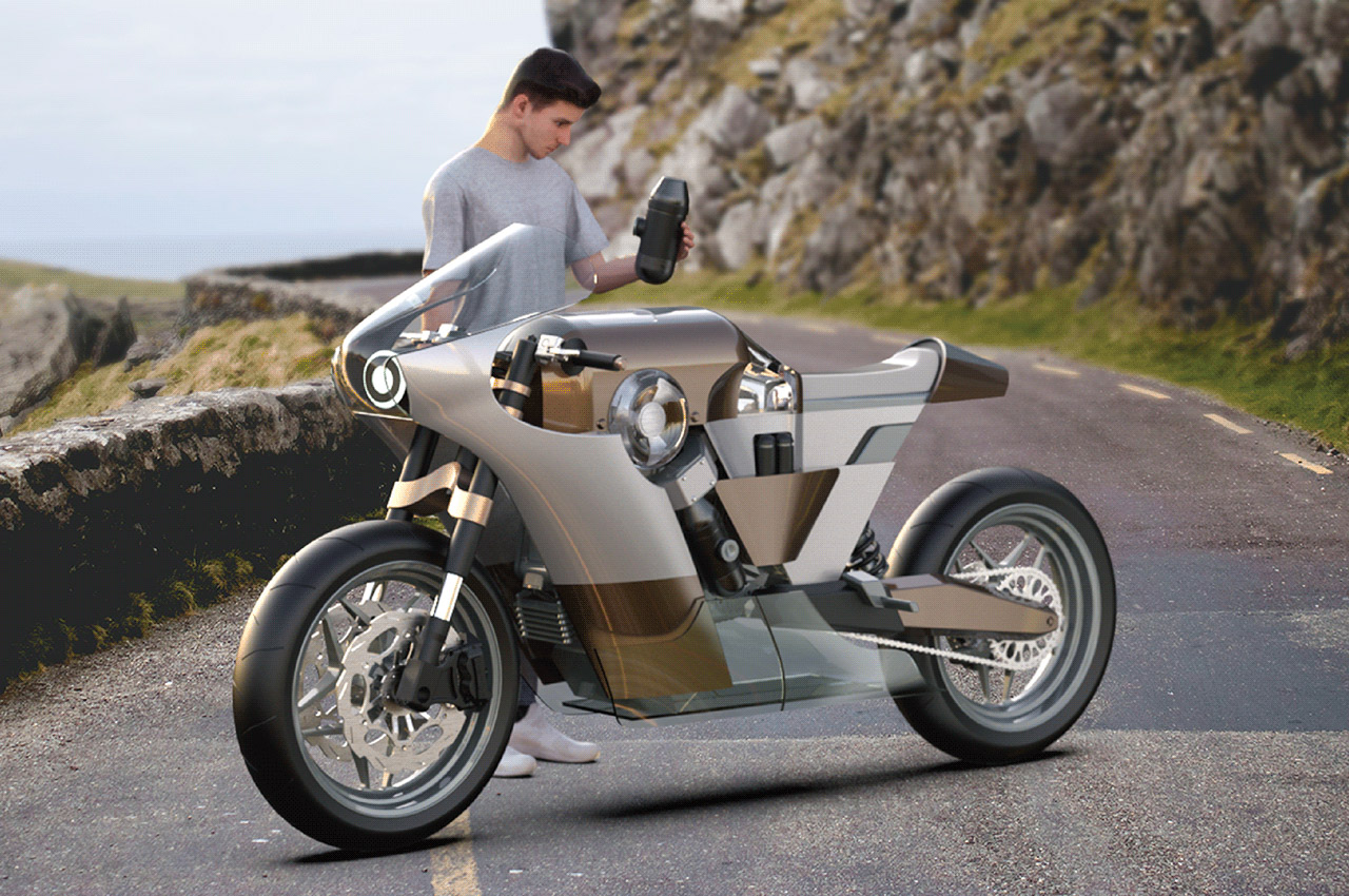 A literal Café Racer with integrated coffee grinder harnesses