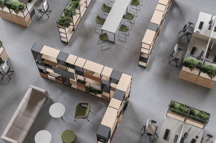Smart shelving system provides versatile storage and partitions in modern offices