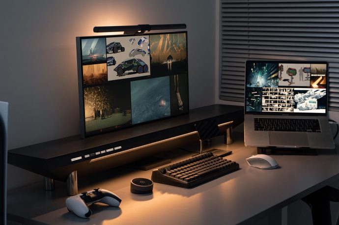 Sleek all-black desk organizer makes all wires disappear + offers shadowless lighting