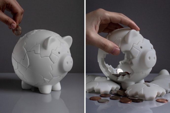 Magnetic Piggy Bank reassembles itself after being broken, becoming a circular fidget-toy in the process