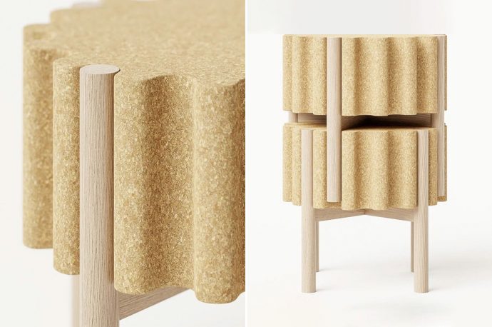 Minimal stackable stool features slim wooden legs that fit perfectly into grooves of the cork seat