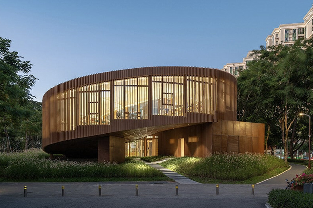 Spiralling bookhouse in Shenzhen looks like an art sculpture & offers views of an idyllic riverside park