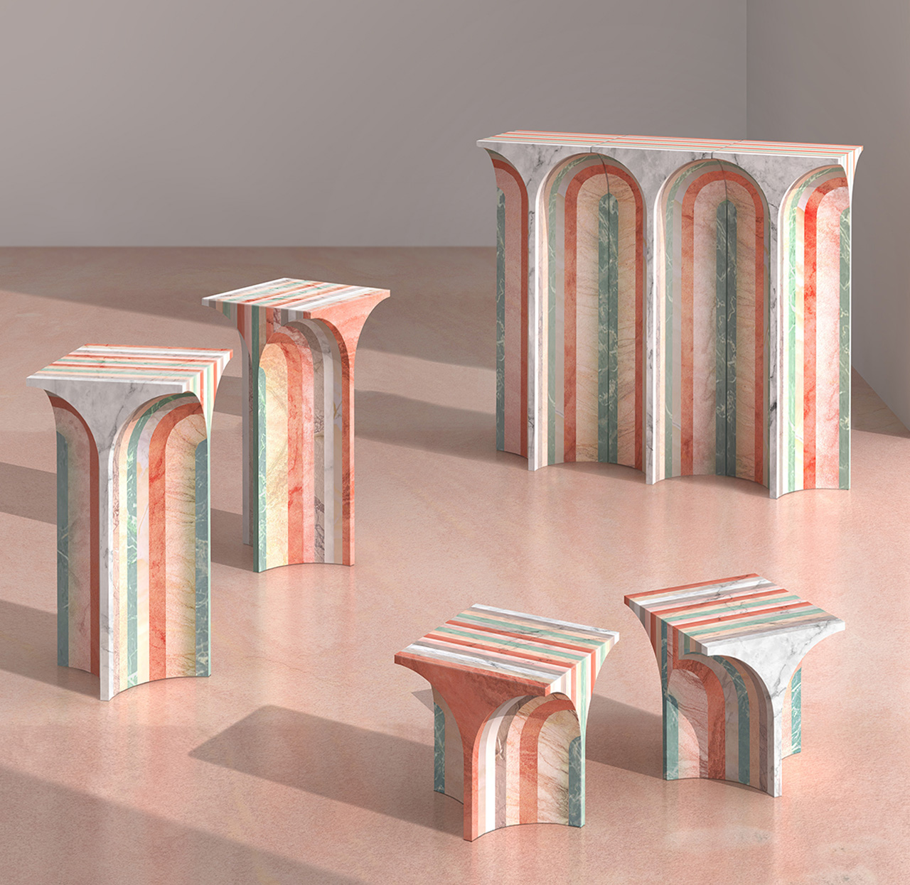 These five different kinds of tables were built from seven different kinds of marble