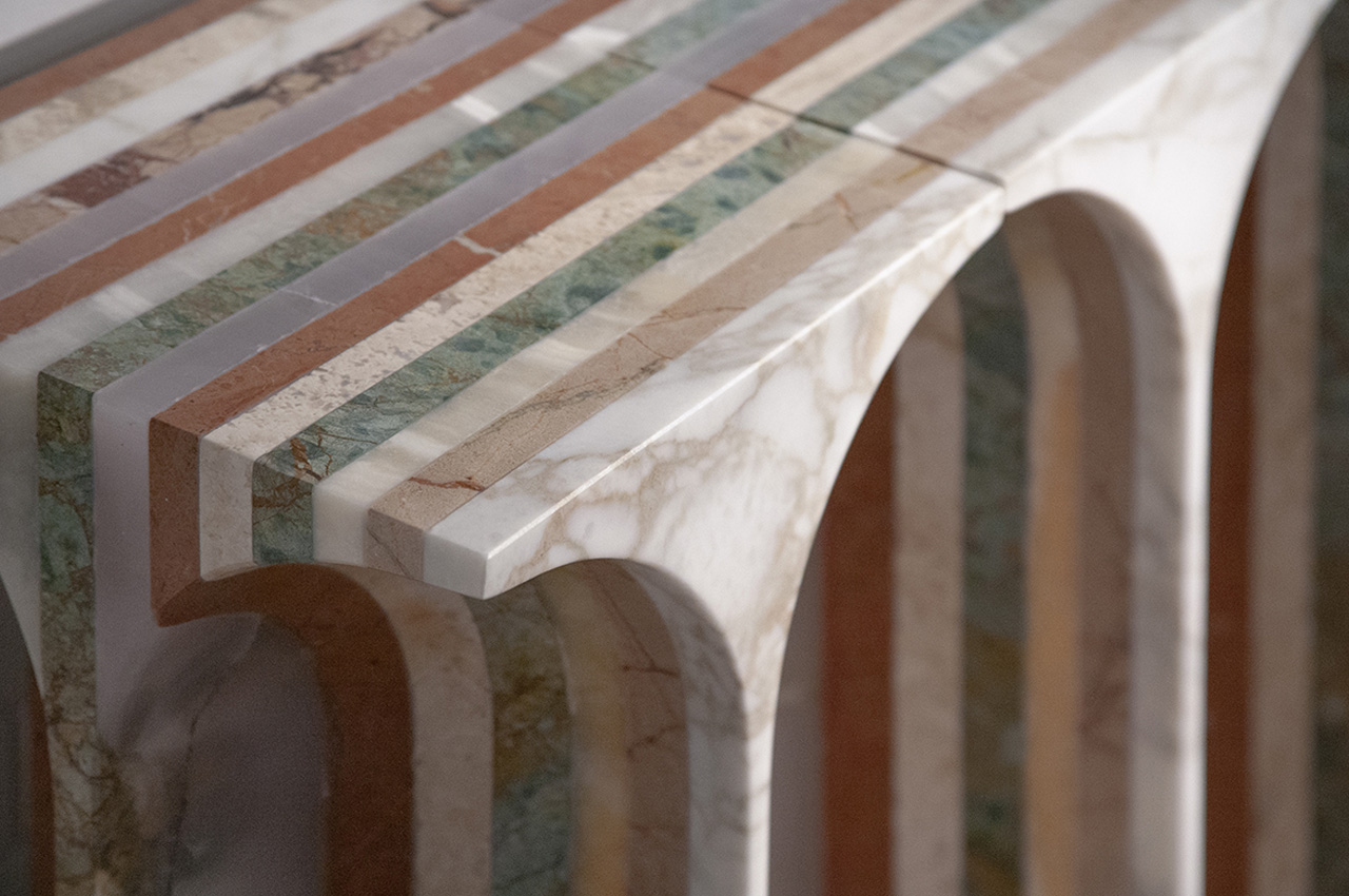 These five different kinds of tables were built from seven different kinds of marble