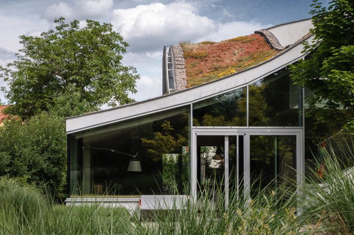Contemporary home in Prague incorporates a green roof, adding a speck of green to an urban dwelling