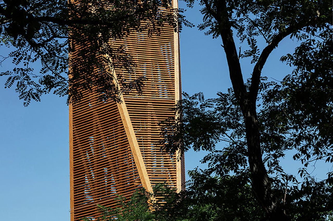 This winding timber lookout tower in Budapest provides 360 degree views of a nature reserve